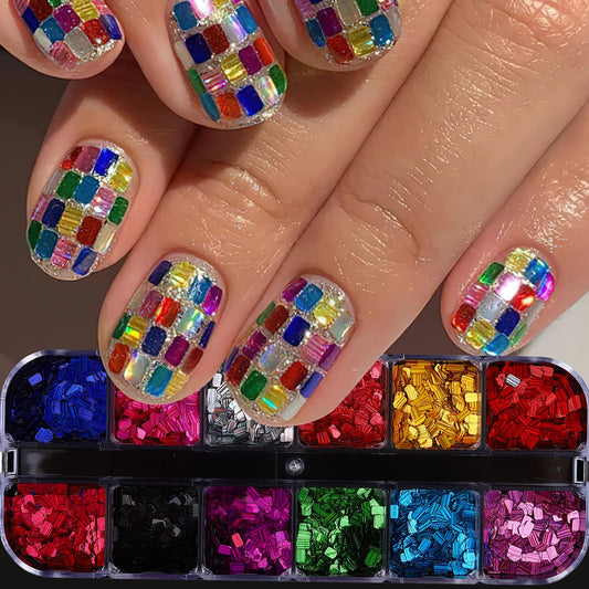Jremg Laser Square Glitter Nail Art Charms Sequins, Holographic Colorful Flakes Rectangle Shape Shiny Nail Charms 3D Sparkly Nail Art Supplies for Women DIY Nail Decoration 12Grids