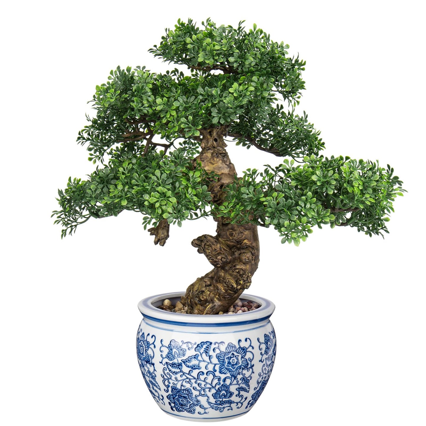 Fake Bonsai Tree Bonsai Plant 17” Tall Artificial Bonsai Trees with Blue and White Porcelain Decorated with Pebbles Desk Plant Indoor Bonsai for Home Office Decor
