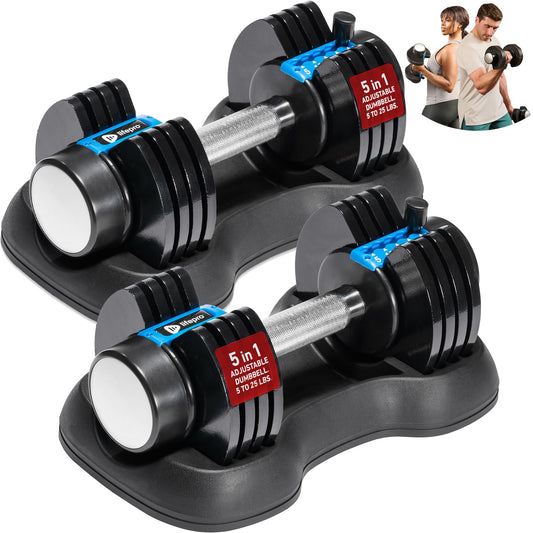 LifePro Powerflow Plus Adjustable Dumbbell Set of 2 with Rack – 5 to 25 lb Pair, Quick-Adjust Dial, Anti-Slip Grip, Space-Saving Hand Weights for Men & Women for Home Gym Strength Training