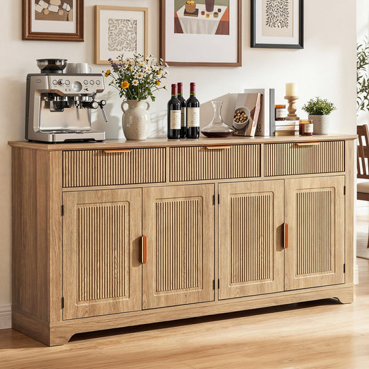 YITAHOME 59" Fluted Sideboard Buffet Cabinet with Storage, Wood Kitchen Storage Cabinet with Adjustable Shelves & Drawers, Mid Century Modern Credenza for Kitchen, Living Room, Entryway (Natural Oak)