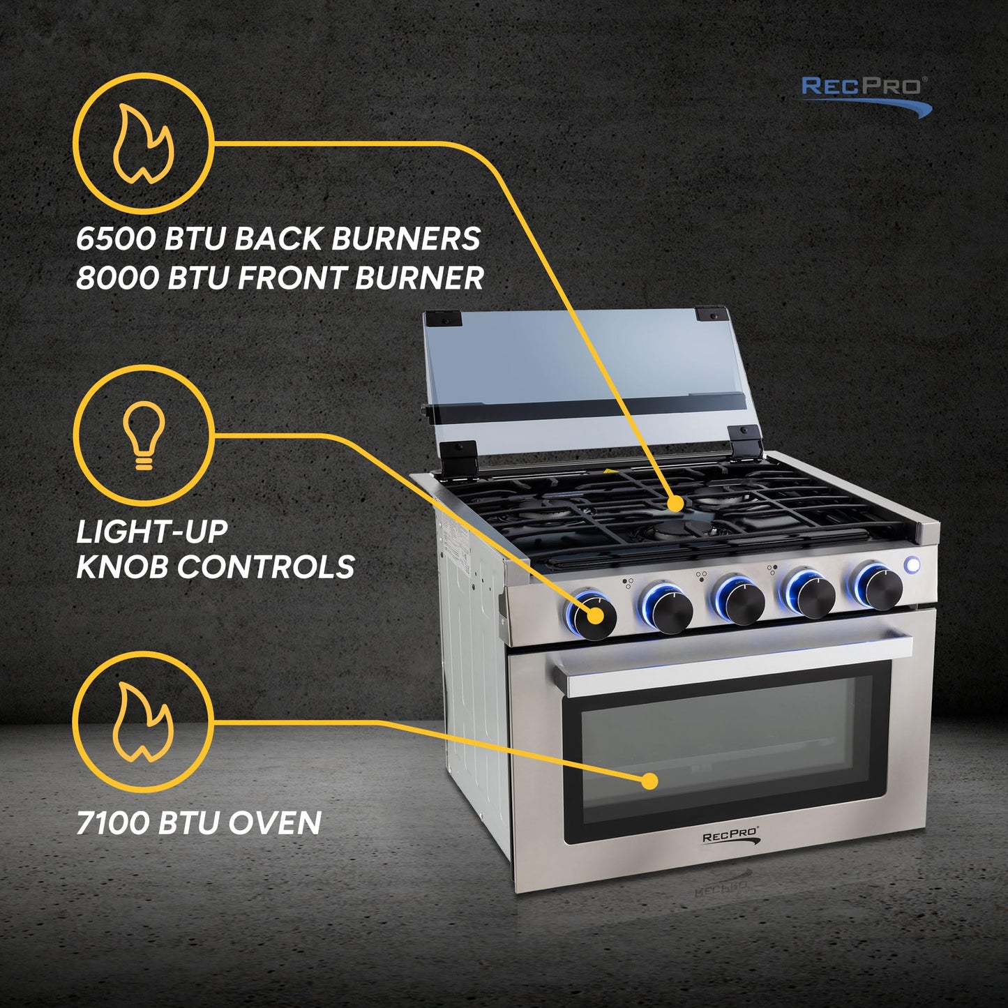 RecPro RV Stove | 21" x 17" Cooktop | 17" Tall Gas Range | 3 Burner | 1.8 Cu. Ft | 7100 BTU | Black or Silver Finish | Optional Vented Range Hood (Stainless, With Range Hood)