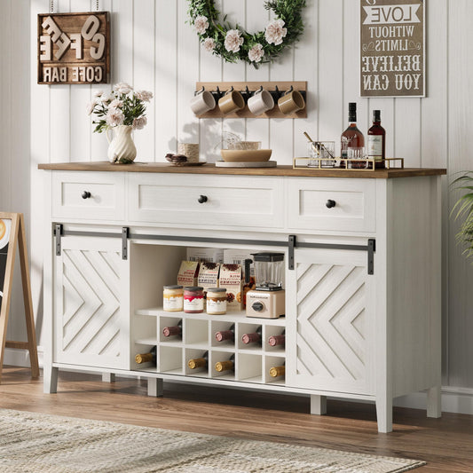 IDEALHOUSE 59'' Farmhouse Buffet Cabinet with Sliding Barn Door, 33.4'' Tall Wood Rustic Sideboard with 3 Drawer, Adjustable Shelf and Removable Wine Rack for Dining Room, Kitchen, White