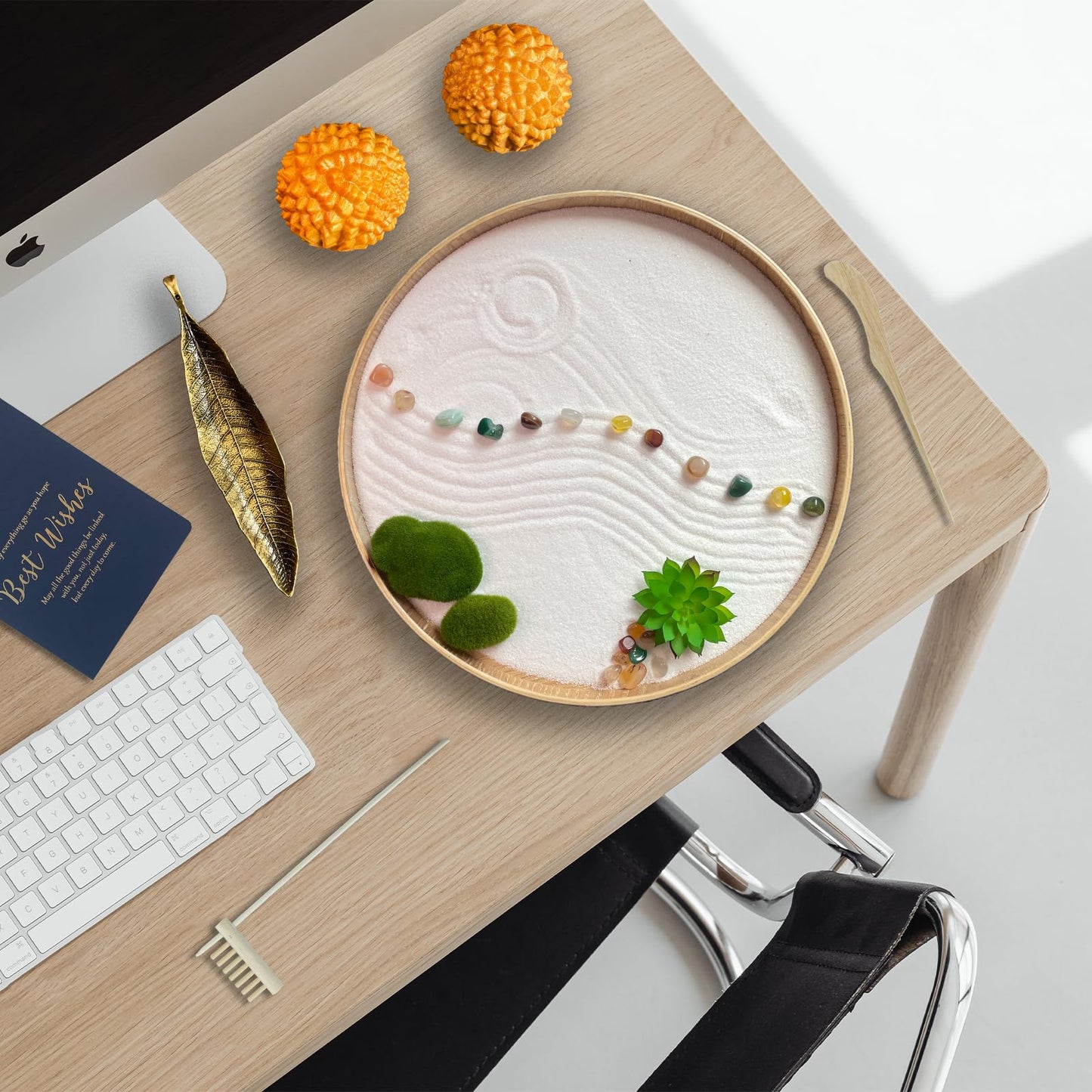 Threeheng Japanese Zen Garden Kit for Desk, Bamboo Sand Garden Meditation Therapy Tray Gift Set, Mini Zen Décor Office Desktop Accessories - 2 Textured Spheres, Incense with Holder