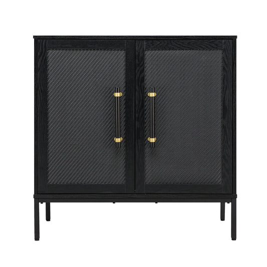 Hopper Studio Sophia 2-Door Accent Cabinet, Black Finish with Rattan Doors & Wood/Brass Handles, Adjustable Shelf, Aluminum Legs, Mid-Century Modern Storage for Luxury Living Room, Kitchen, Entryway