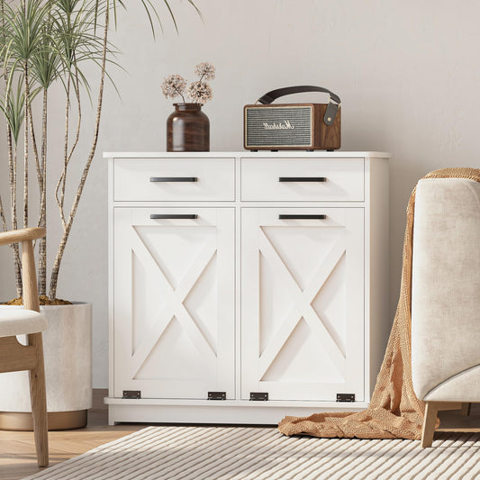 Mepplzian White Double Tilt Out Laundry Hamper Cabinet Laundry Basket Cabinet Hidden Laundry Hamper with 2 Drawers & 2 Baskets for Bathroom,30x30x16in（Barn Door Panel）