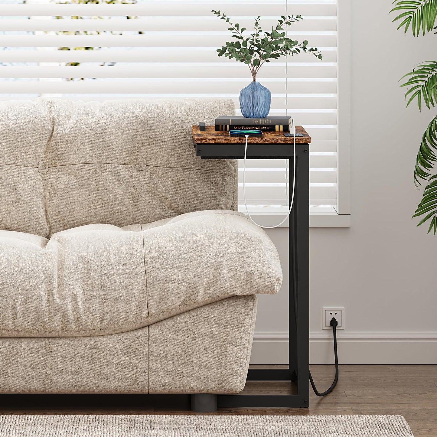TUTOTAK C Shaped End Table with Charging Station, Tilting Laptop Stand Side Table, Under Couch Table for Living Room Bedroom, Brown TB01BB090