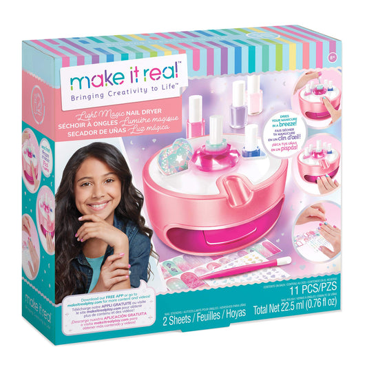 Light Magic Nail Dryer & Polish Set for Girls & Teens - 5 Vibrant Nail Colors, Art Stickers, Nail File, Cuticle Pusher & Dryer - Water-Based, Non-Toxic Polish Perfect Spa Day Manicures Make it Real