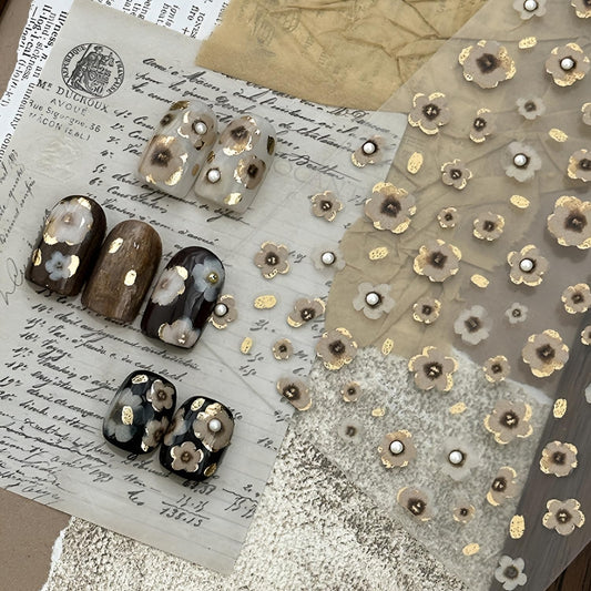 Flower Nail Art Stickers 5D Embossed Nail Decals with Pearls Design Summer Spring Nail Stickers for Nail Art Brown Flower Nail Design Self Adhesive Nail Charms Decoration Accessories for Women