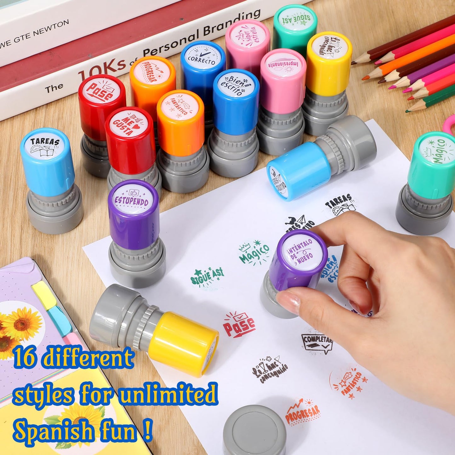 Jetec 16 Pcs Spanish Teacher Self Inking Stamps Teacher Gifts Motivation Grading Stamps for Signature Homework Reward Supplies(Round)