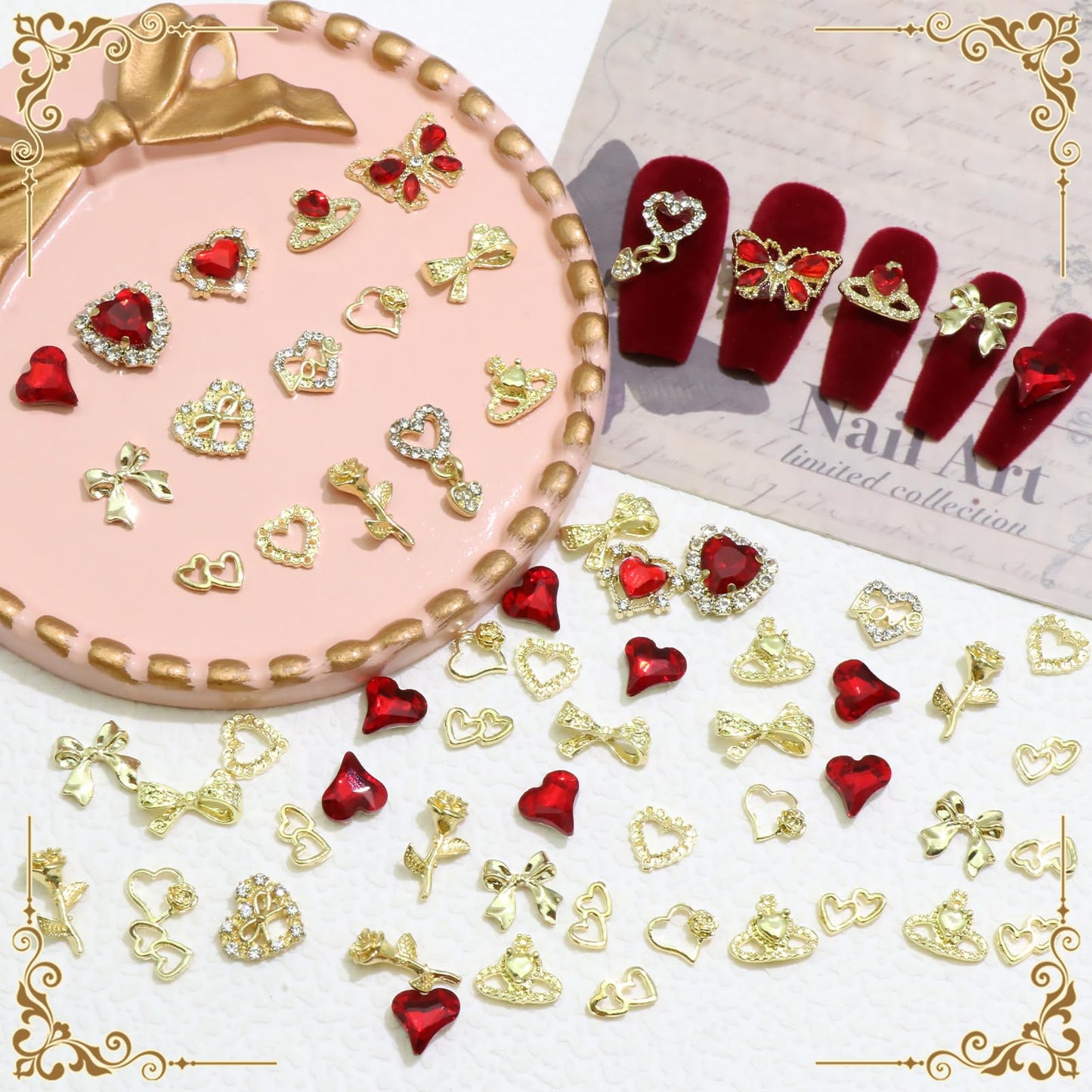 RODAKY 64PCS Red Heart Nail Charms Valentine's Day Nail Jewelry Crystal Butterfly Heart Gems for Nails Art Gold Bow Rose Flower Nail Decoration for Women Manicure Vday