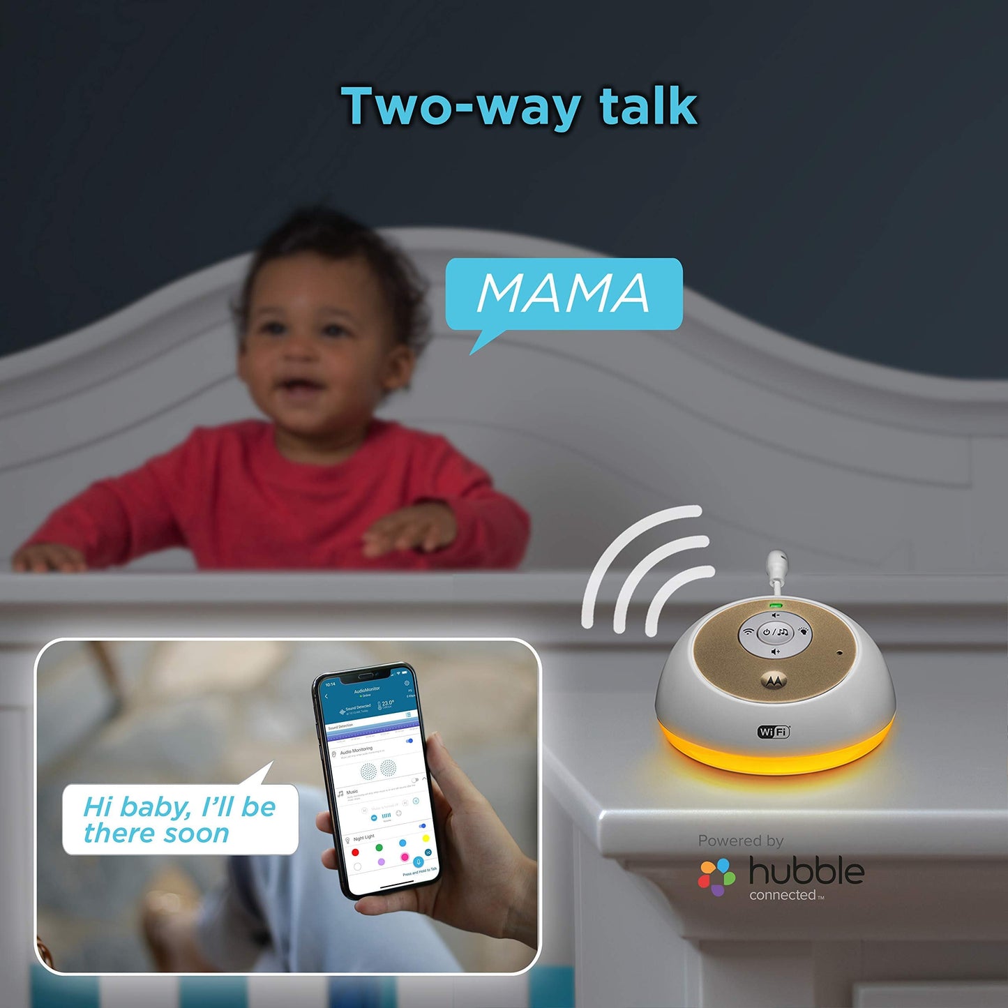 Motorola MBP163CONNECT Audio Baby Monitor - Wireless WiFi Smart Device for Toddlers, Infants, Nursery - with 10 Soothing Sounds, Lullaby, Audiobook - 2-Way Talk Intercom, 7 Night Light Color Options