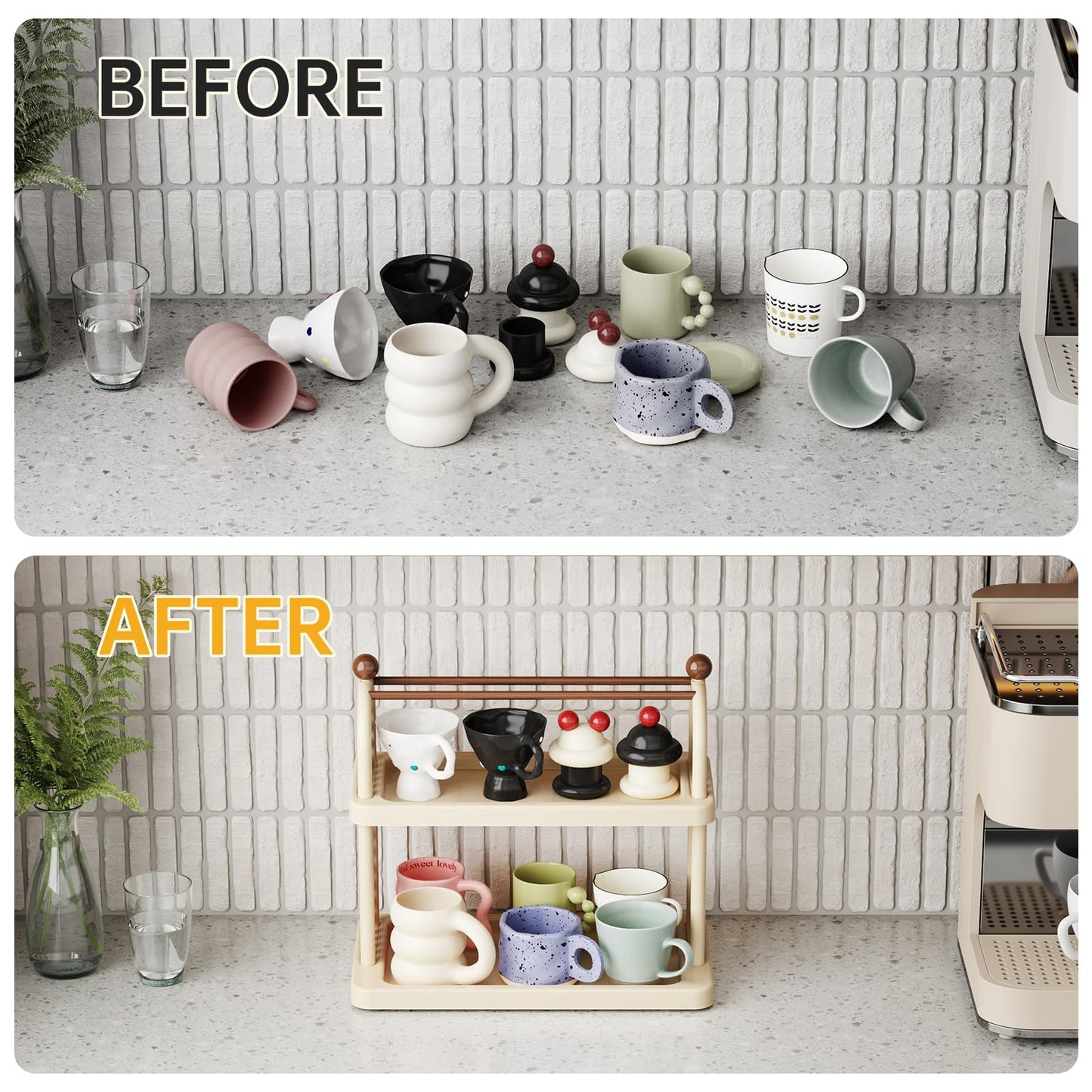 NiHome Matcha Station Organizer Shelf, Multi-Tier Matcha & Coffee Stand, Plastic Countertop Mug Cup Bottle Display Tray Holder for Tea and Coffee Bar Accessories