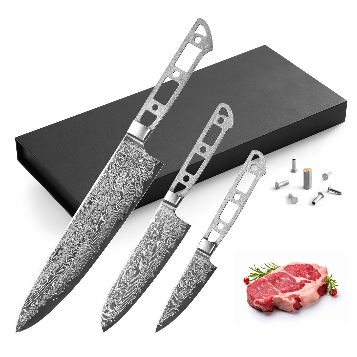 KATSURA Woodworking Project Kit – 3-Piece Chef Knife Set Blank – 8” Chef Knife+5” Inch Santoku+3.25” Inch Paring Knife – Japanese Premium AUS 10, 67 Layers Damascus Steel – Falcon Series – NO LOGO