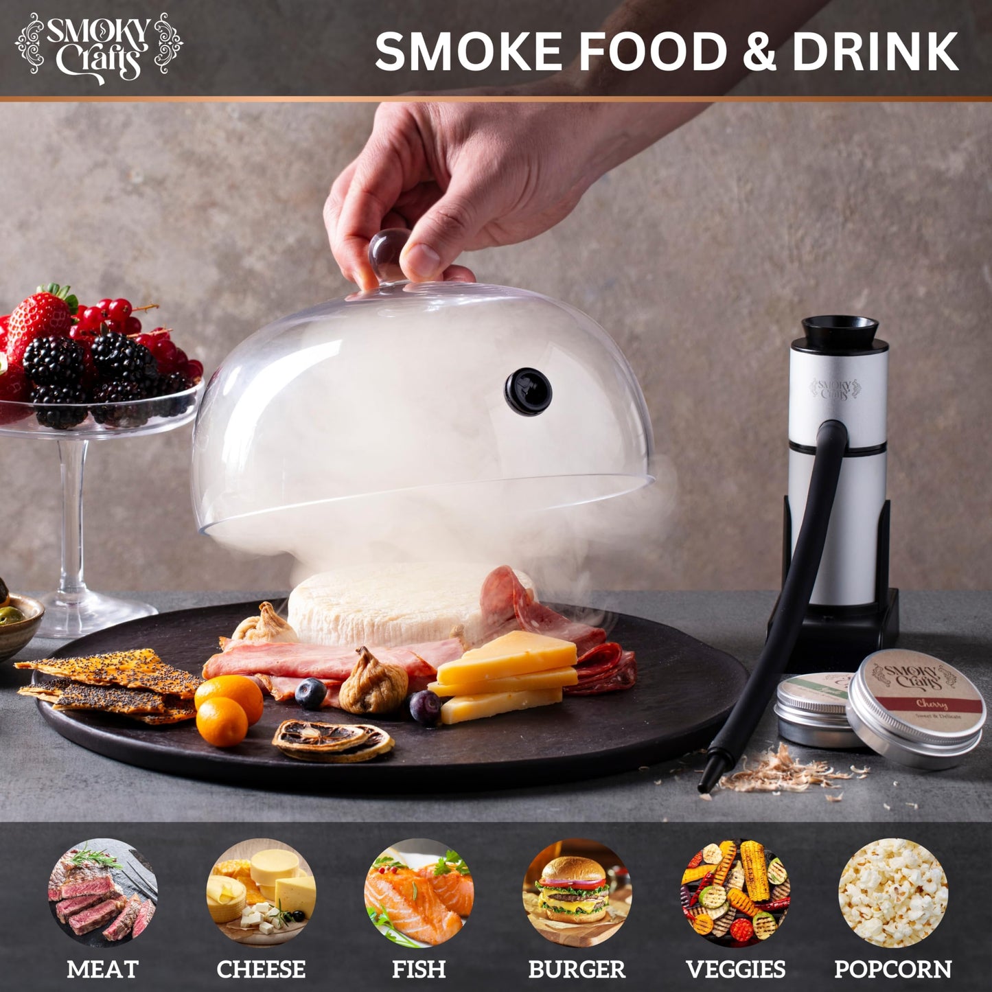 Smoky Crafts Food and Drink Smoker Kit with Smoke Gun, 8" Smoking Cloche Glass Dome, Acacia Cocktail Smoke Top and Wood Chips (Apple & Cherry) - Whiskey Smoker Kit - Gifts for Men