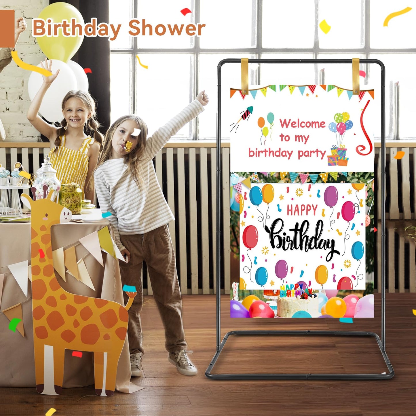 Wedding Welcome Sign Stand, 68”x31”x 20” Heavy Duty Easel Stand for Sign with 4 Leather Strap, Welcome to Our Wedding Sign Holder, Metal Floor Standing Easels for Valentines Day, Signs, Poster, Black