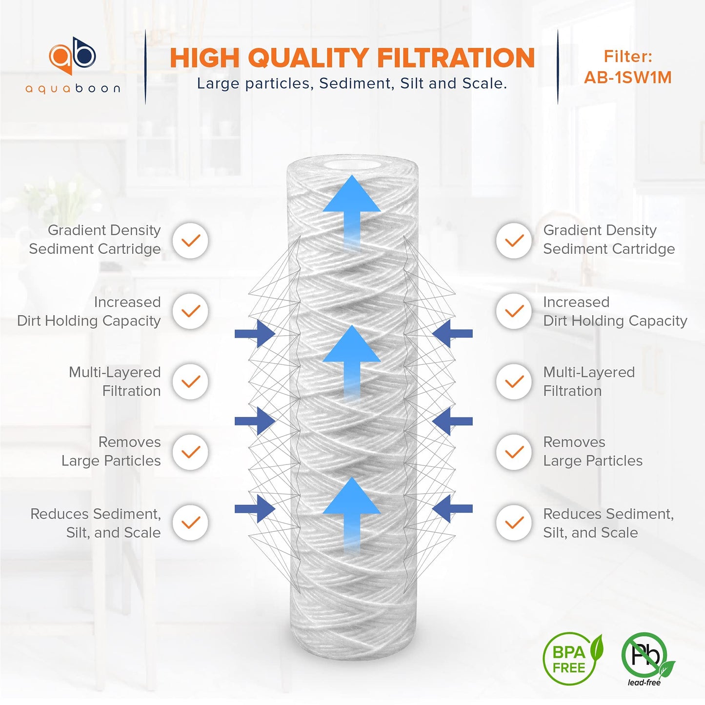 Aquaboon Whole House 1 Micron String Wound Water Filter 10 x 2.5 Cartridge for Well Water Filter Replacement Compatible with WHKF-WHSW, AP110, 50-Pack
