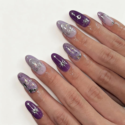 BABALAL Short Round Press on Nails - Purple Fake Nails, Glitter Shiny Design, Heart Moon Star Cute, Y2k Glossy Acrylic False Nails with Charm