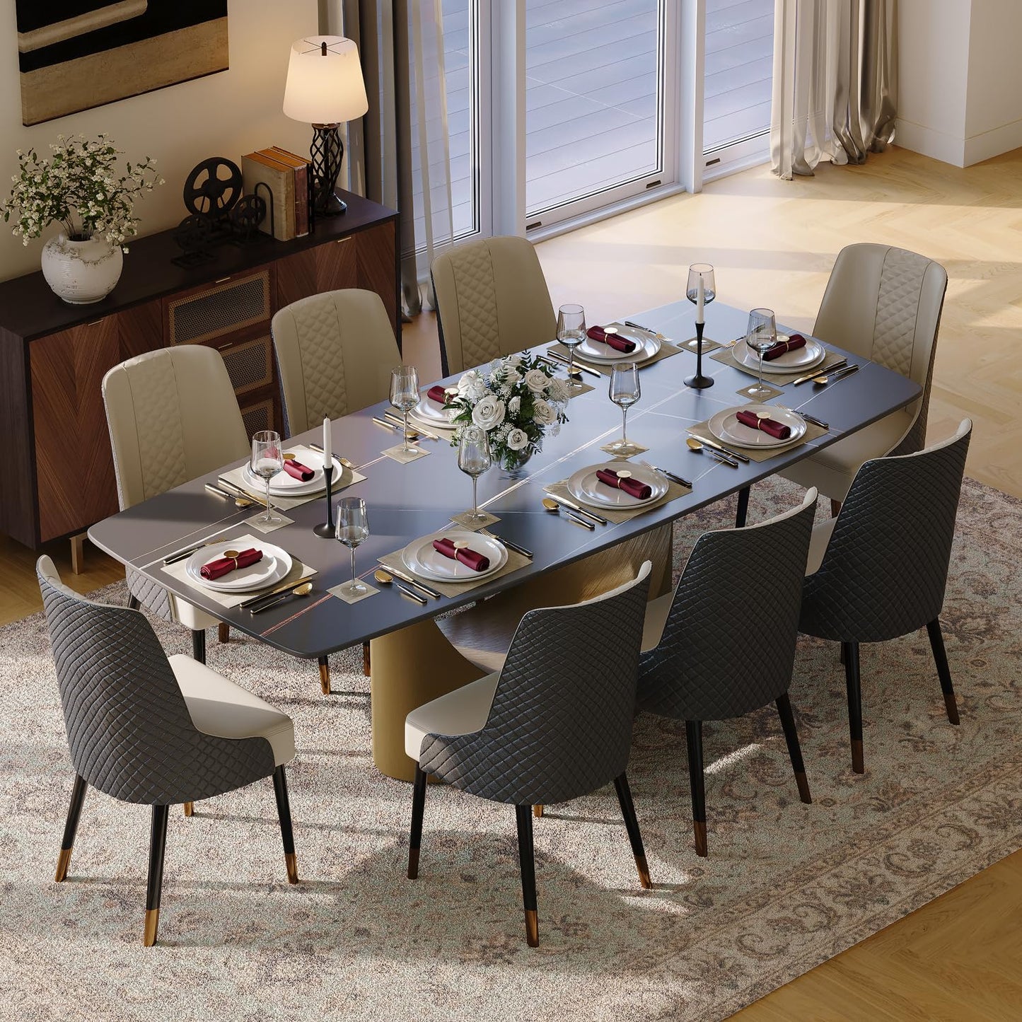 POVISON 94" Modern Dining Table for 8-10, Matte Black Dining Table, Sintered Stone Dining Tabletop with Bronze Carbon Steel Pedestal,Rectangle Dining Room Table (Table Only)