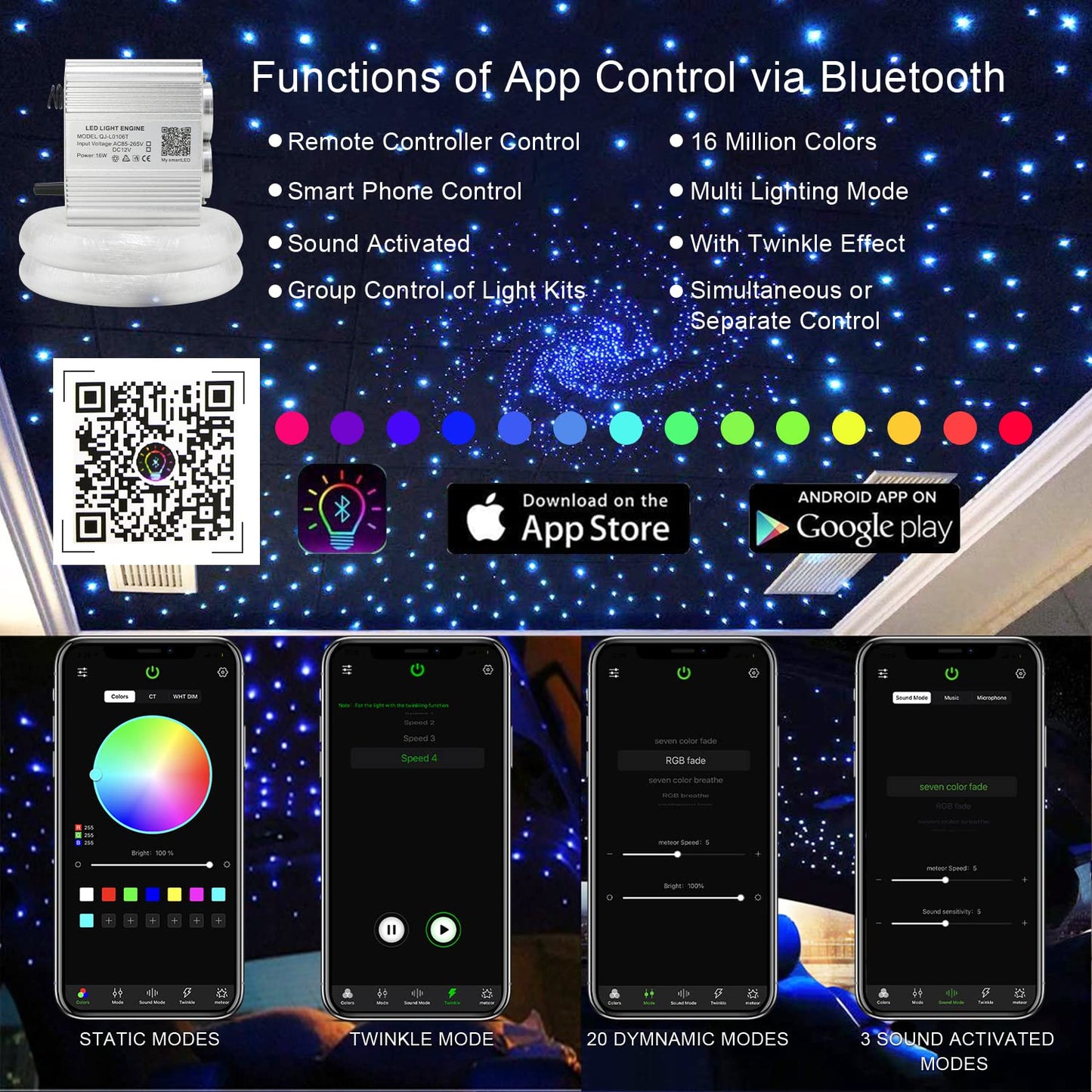 AKEPO 16W Dual Head Twinkle Fiber Optic Lights Kit, Car Home Use Star Ceiling Sky Light RGBW Twinkle APP Control Music Activated Light Engine+860pcs of Mixed Diameter Fibers 9.8ft/3m+Remote
