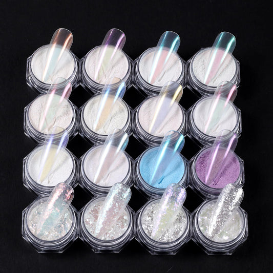 Aurora Iridescent Chrome Nail Powder 16 Colors Mermaid Pearl Mirror Effect Metallic Nail Pigment Kit White Chunky Glitter Flakes Unicorn Nail Art Dust for Acrylic Manicure DIY Salon Decoration
