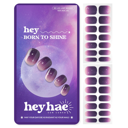 Heyhae Semi Cured Gel Nail Strips | No LED Lamp Needed |Purple, Ombre | Easy Apply & Remove, Salon Quality | Includes 28 Strips, 2 Prep Pads, Nail File & Wooden stick - Hey, Born to Shine