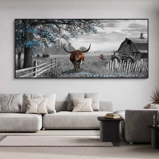yiijeah Rustic Wall Art - Western Home Decor Cow Picture 86x39 Inches Extra Large Rustic Longhorn Living Room Bedroom Canvas Framed Artwork Farmhouse Wall Decor