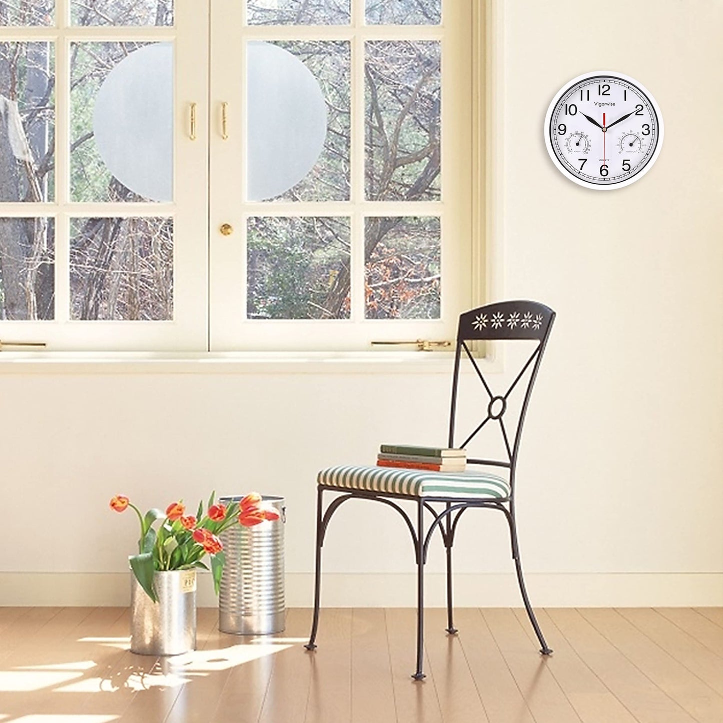 Vigorwise 8 Inch White Wall Clock, Sweep Silent Movement Accurate Clocks with Temperature & Humidity, Decorative for Kitchen/Living Room/Bedroom/Office/School/Classroom