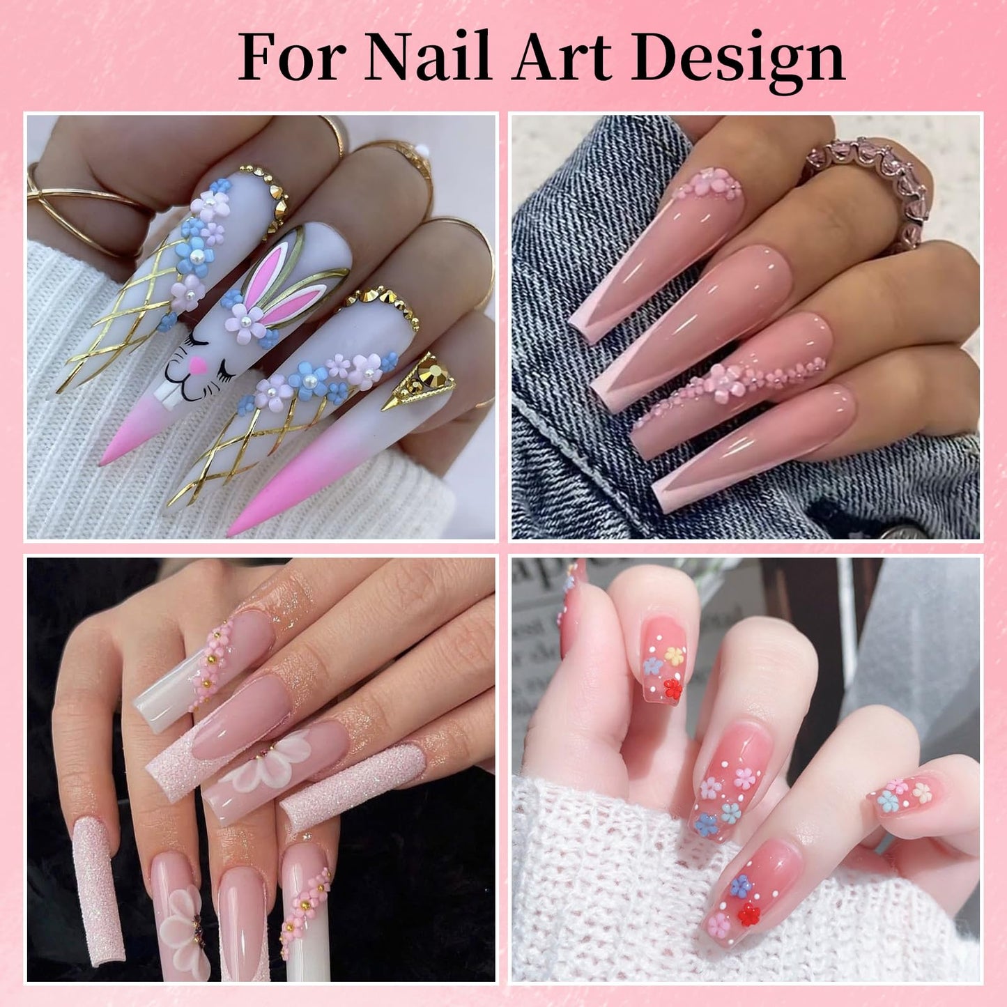 3D Colorful Flower Nail Art Charms, White Pink Acrylic Cherry Blossom Spring Petal Metal Gold Silver Round Caviar Beads Studs Pearl Rhinestones for Manicure Craft DIY (7-K3-solid)