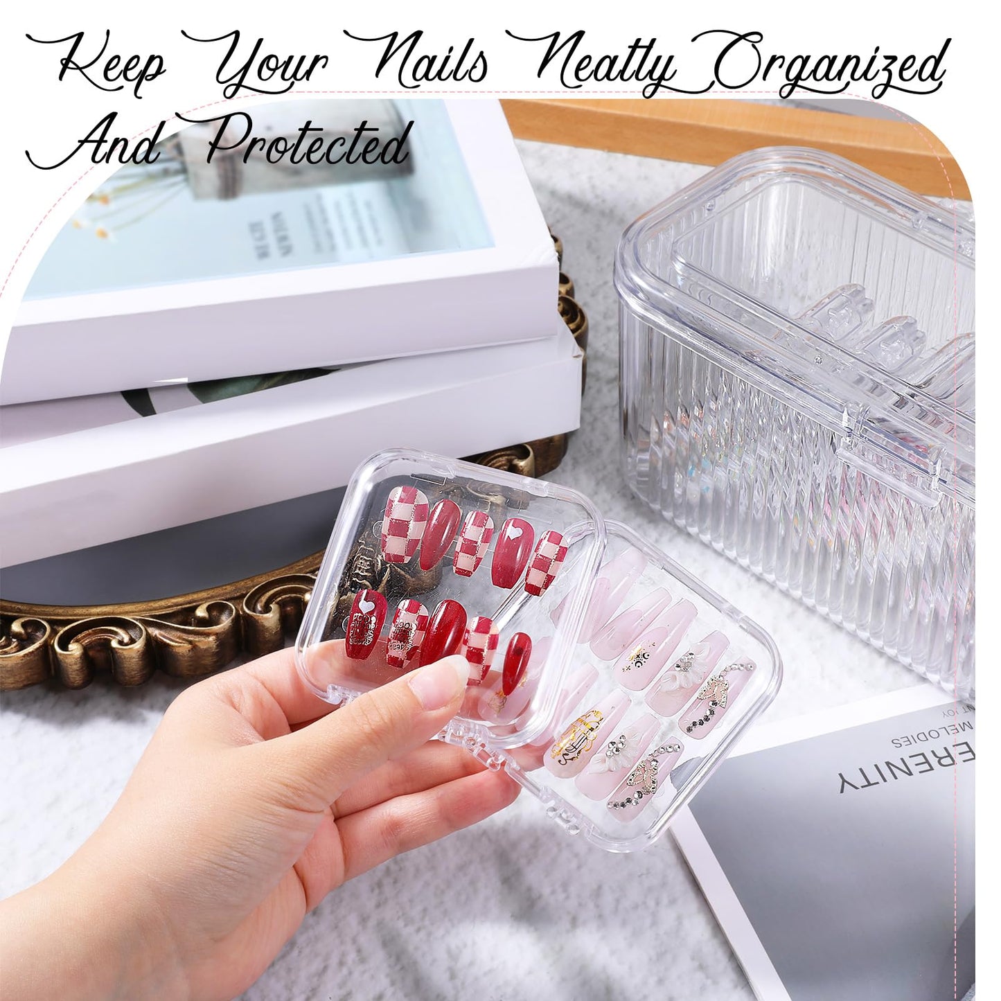 COMNICO Press On Nail Packaging Box 14 PCS Clear Press On Nail Storage Boxes and 1 Big Storage Box with 54 Pcs Adhesive Double Sided Tape, Acrylic Nails Display Case Independent Packaging Dustproof