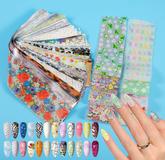 JERCLITY 300 Sheets Nail Foil Transfer Stickers Set Nail Foils Transfer Nail Art Flower Butterfly Leopard Print Laser Solid Color Design for Women Girls Decoration