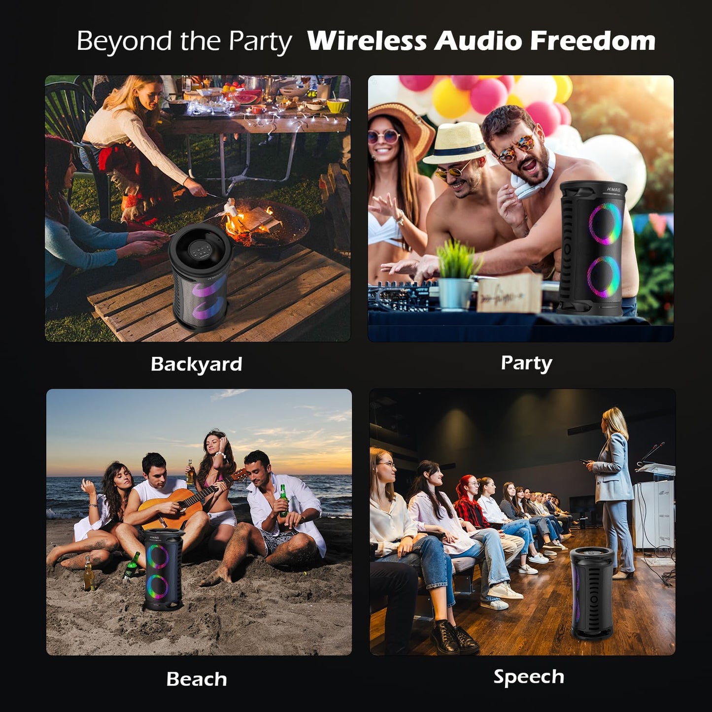 Large Party Bluetooth Speaker, 260W Peak Powerful Loud Sound with Deep Bass, 15Hr Playtime, Fast Charge, RGB Cool Light Show, TWS, Portable for Outdoor Beach, Camping, Backyard, Work, Home (Black)