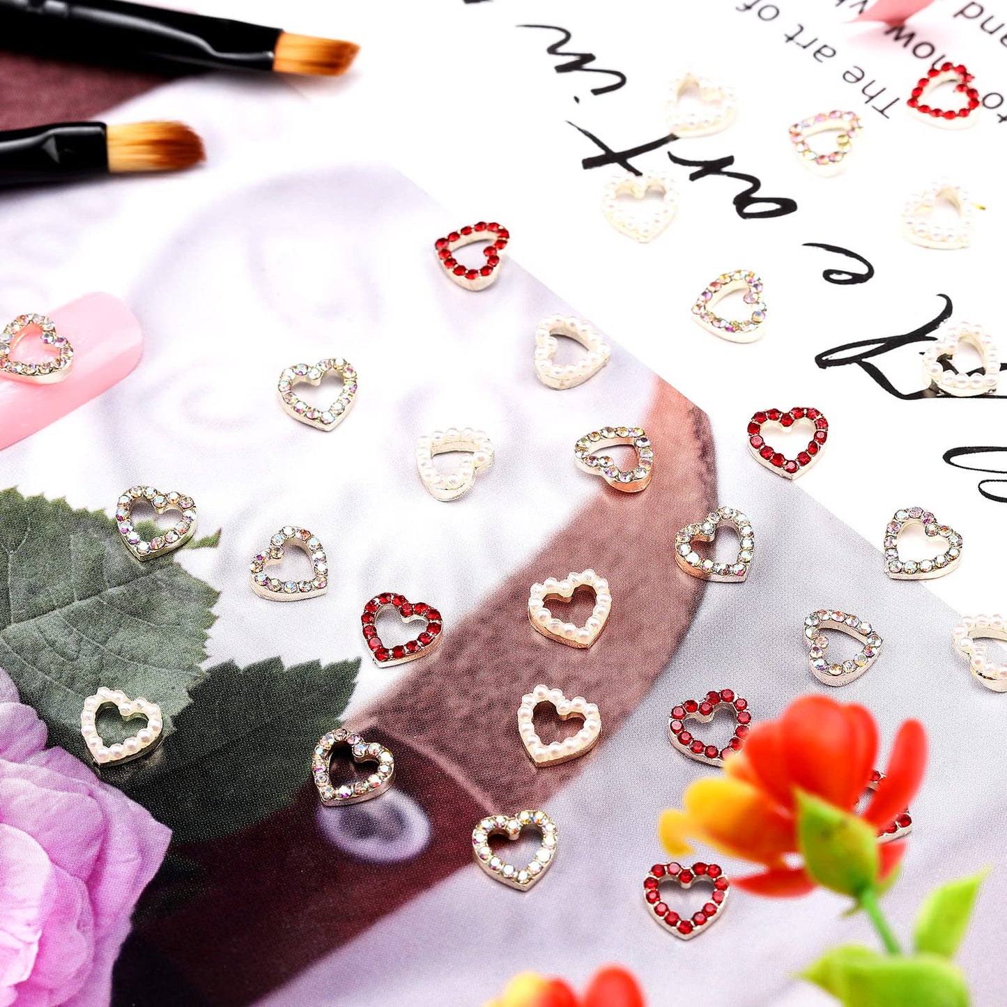 Leelosp 36 Pieces 3D Heart Nail Charms, Alloy Love Heart Nail Gems with Inlaid Rhinestone Pearls for Women Fingernail Art Decorations Christmas Valentine's Day DIY Crafting Design