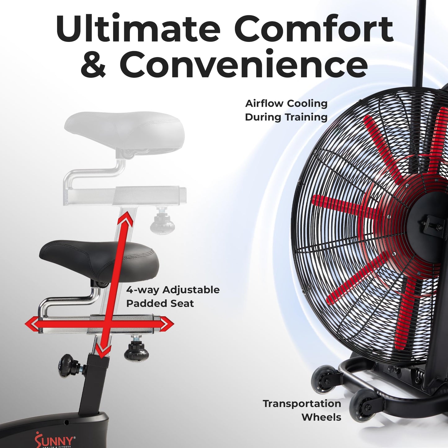 Sunny Health & Fitness Premium Smart Cross Trainer Fan Bike, Air Resistance Cardio Machine with 330LB Capacity for Intense Home Workout , Customizable Monitor with Free SunnyFit App Connection- SF-B223018