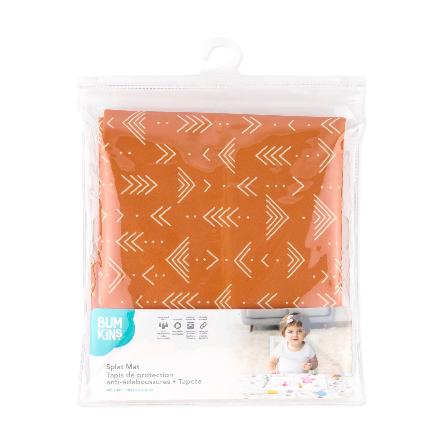 Bumkins Baby Splat Mat for Under High Chair, Babies Toddlers Eating Mess Mat, Waterproof Reusable Cloth for Arts and Crafts, Playtime Mat for Kids, Floors or Tables, Fabric 42inx42in, Boho Orange