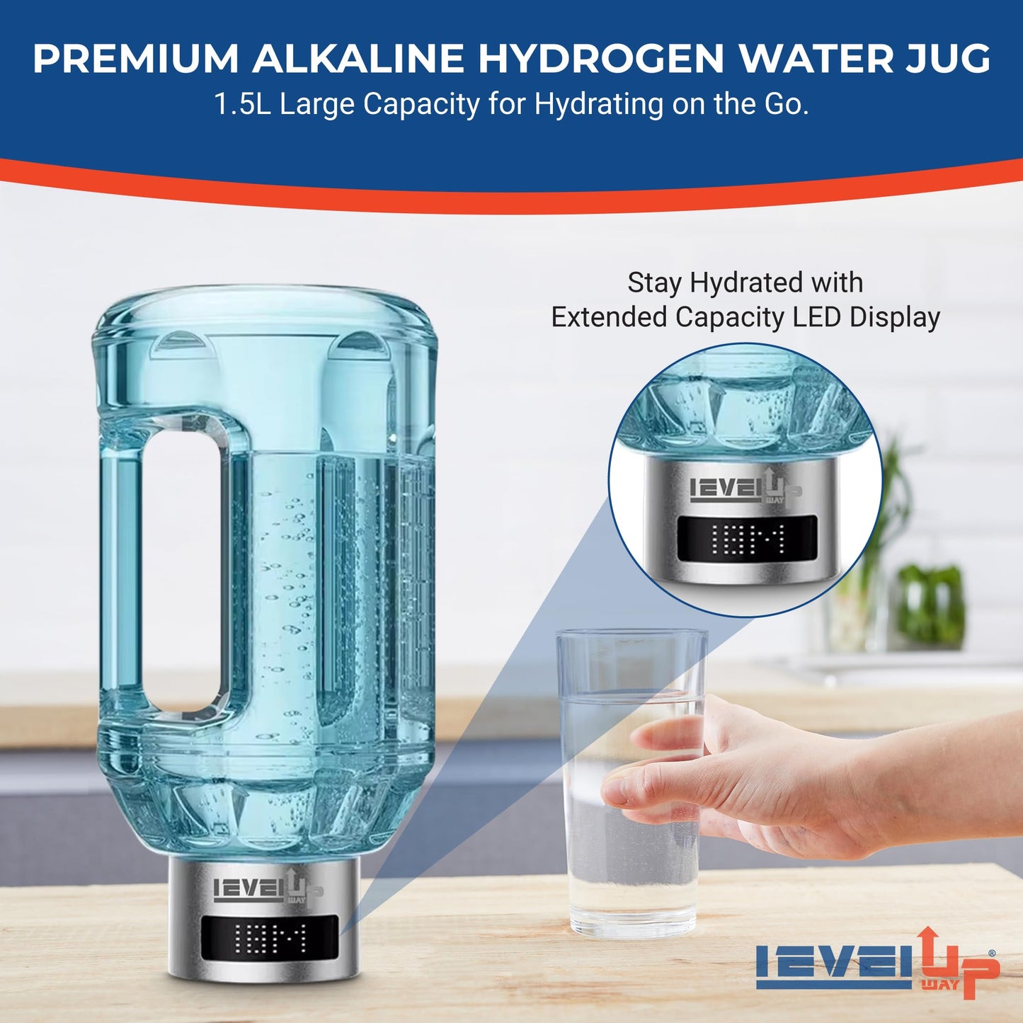 Level Up Way - 2026 New Hydrogen Water Bottle Jug – Portable Hydrogen Water Generator with Digital Display – Up to 4000PPB - 51oz Capacity – Premium Hydration Solution for Home, Office & Gym