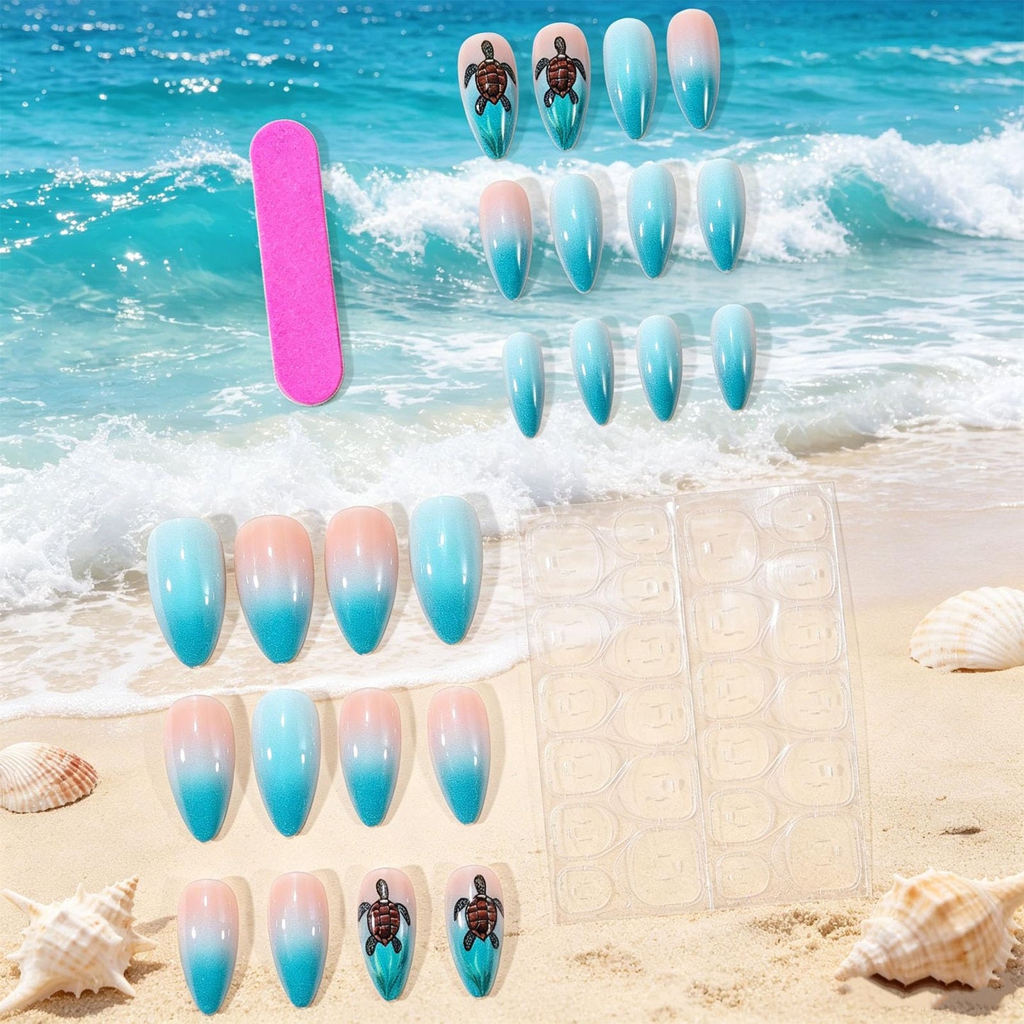Sea Turtle Press on Nails with Tropical Ocean Design Seaweed Medium Almond False Nails Beach Fake Nail Glossy Blue Ombre Glue on Nail Gradient Stick on Fingernails for Women Summer Daily Wear
