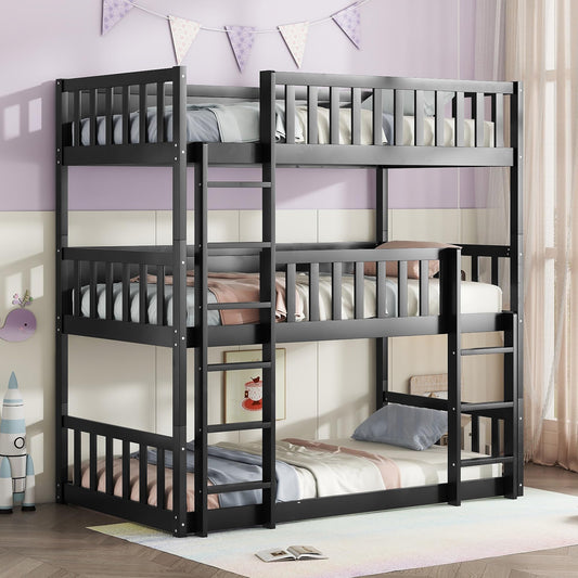 Solid Wood Triple Bunk Bed for 3 Kids, 3 Bed Bunk Beds with Two Built-in Ladders,Twin Over Twin Over Twin Triple Bunk Bed,Detachable Triple Bunk Beds Twin Size,Black