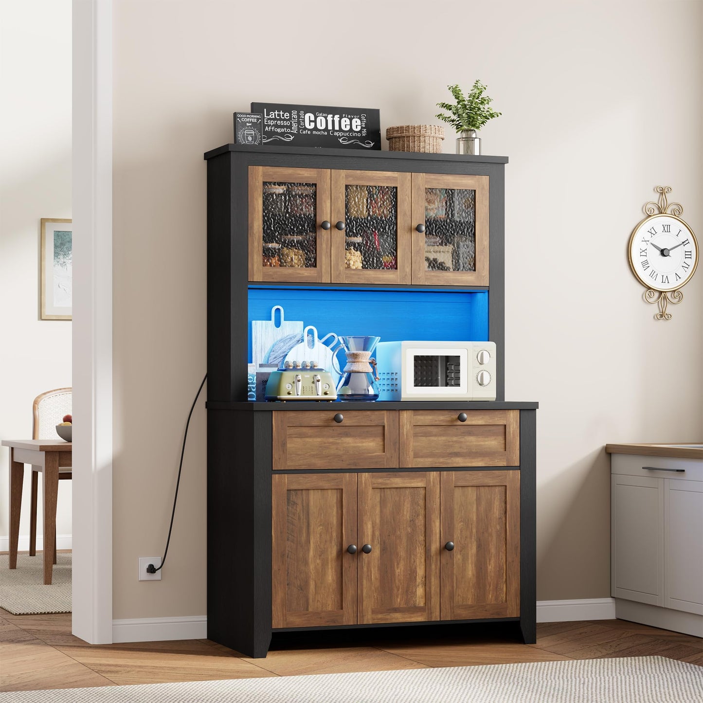 GarveeHome 66" Tall Pantry Cabinet with Power Outlet & LED Light, Kitchen Pantry Storage Cabinets with Countertop, Large Kitchen Hutch with Storage Drawers & Water Ripple Acrylic Panel Cabinet Door