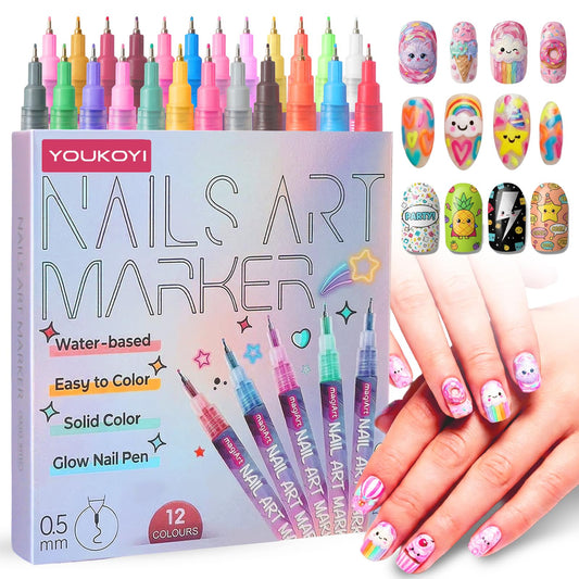 YOUKOYI Nail Art Pens, 12 Colors Precision Tip Nail Art Markers Set Easy to Use for Beginners, Vibrant Quick-Dry Paint for DIY Nail Design & Detailed Drawing - Professional Manicure Tools Kit