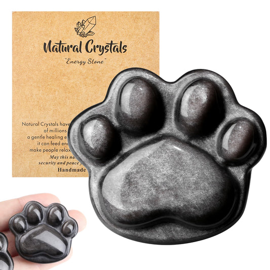 NUKAYAI Silver Obsidian Cat Paw Figurines Carved Statue Worry Stone for Sculpture Crystals and Healing Stones Decoration Anxiety Relief Items Gemstones Carved for Cat Lovers Women
