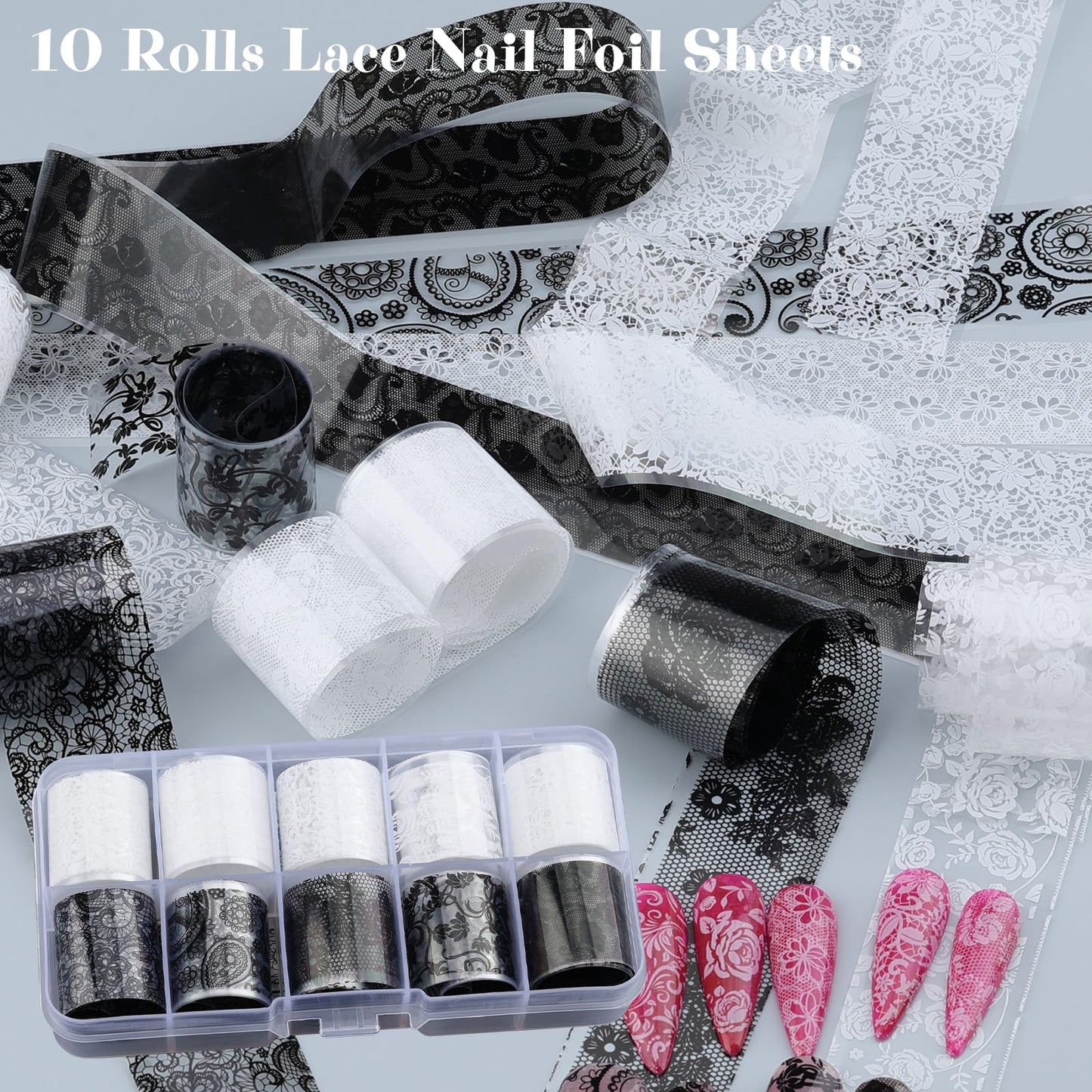 Lace Nail Foil Transfer Sheets, 10 Rolls Black White Flower Nail Art Transfer Foils Decals, Holographic Nail Foils Transfer DIY Nail Stickers for Acrylic Nails, Gel Nails and Manicure Decorations