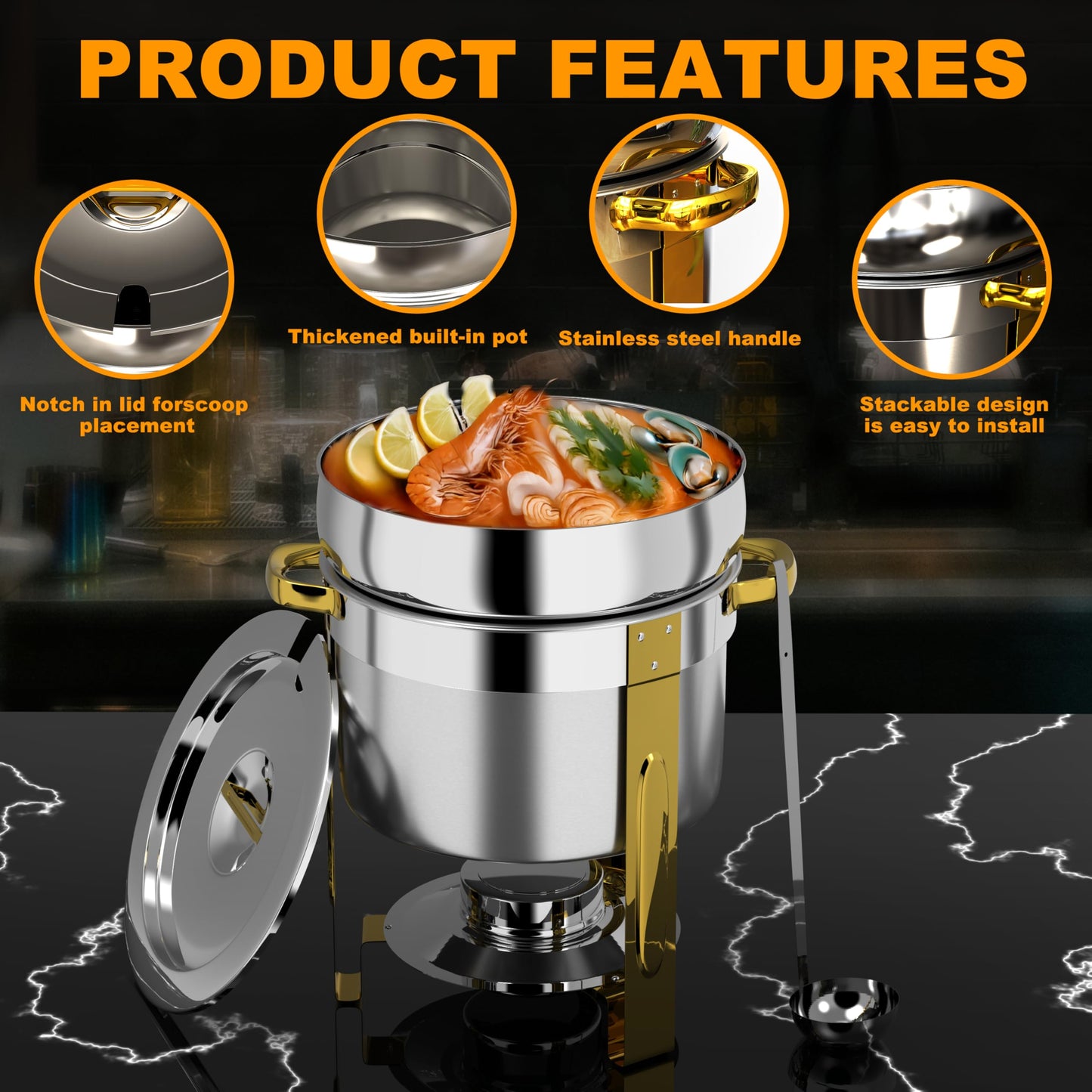Soup Chafer for Buffet 2 Pack, 11QT Round Soup Warmers Set Stainless Steel Buffet Food Warmer Set for Catering Events Parties Dinners with Complete Set,(Gold and Silver)