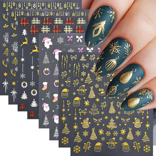 8 Sheets Glitter Christmas Nail Art Stickers Gold Snowflake Nail Decals Santa Claus Gingerbread Man Star Nail Design Snowmen Plaid Bow Christmas Lights Nail Supplies for Women DIY Nails Accessories