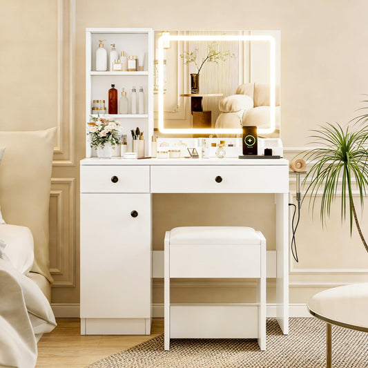 KAMABOKO Vanity Desk with Mirror and Lights, Makeup Vanity Table with Drawers & Shelves, Power Outlet, Dressing Table with Jewelry Storage for Bedroom (007 White)