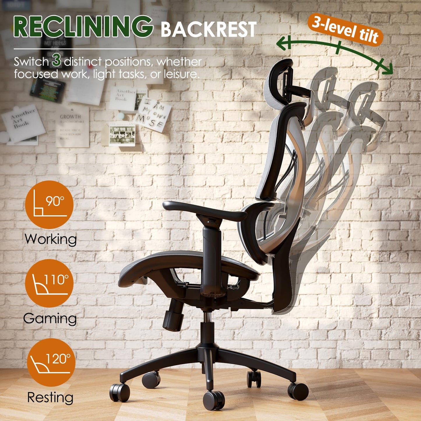 GABRYLLY Ergonomic Office Chair, Big and Tall Mesh Chair with Lumbar Support, 3D armrest - 215° Rotation, Adjustable Headrest & Soft Seat, Durable Desk Chair 350LBS for Work Gaming Computer,Grey