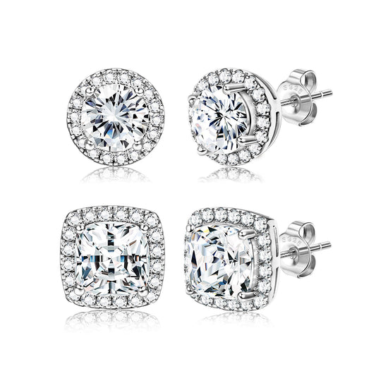 Hayoso 18K Gold Plated Halo Stud Earrings 925 Sterling Silver Cubic Zirconia Stud Earrings Round Square Diamonique Stud Earrings Set for Women Men - Silver