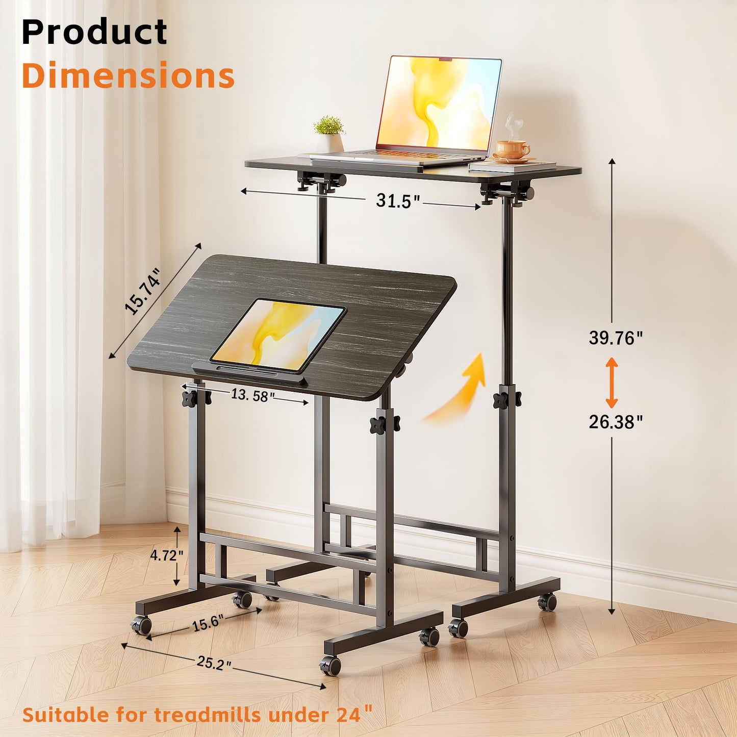 Furist Small Standing Desk Adjustable Height 32 Inch Mobile Sit Stand up Desk Portable Rolling with Wheels Standing for Walking pad Treadmill Black
