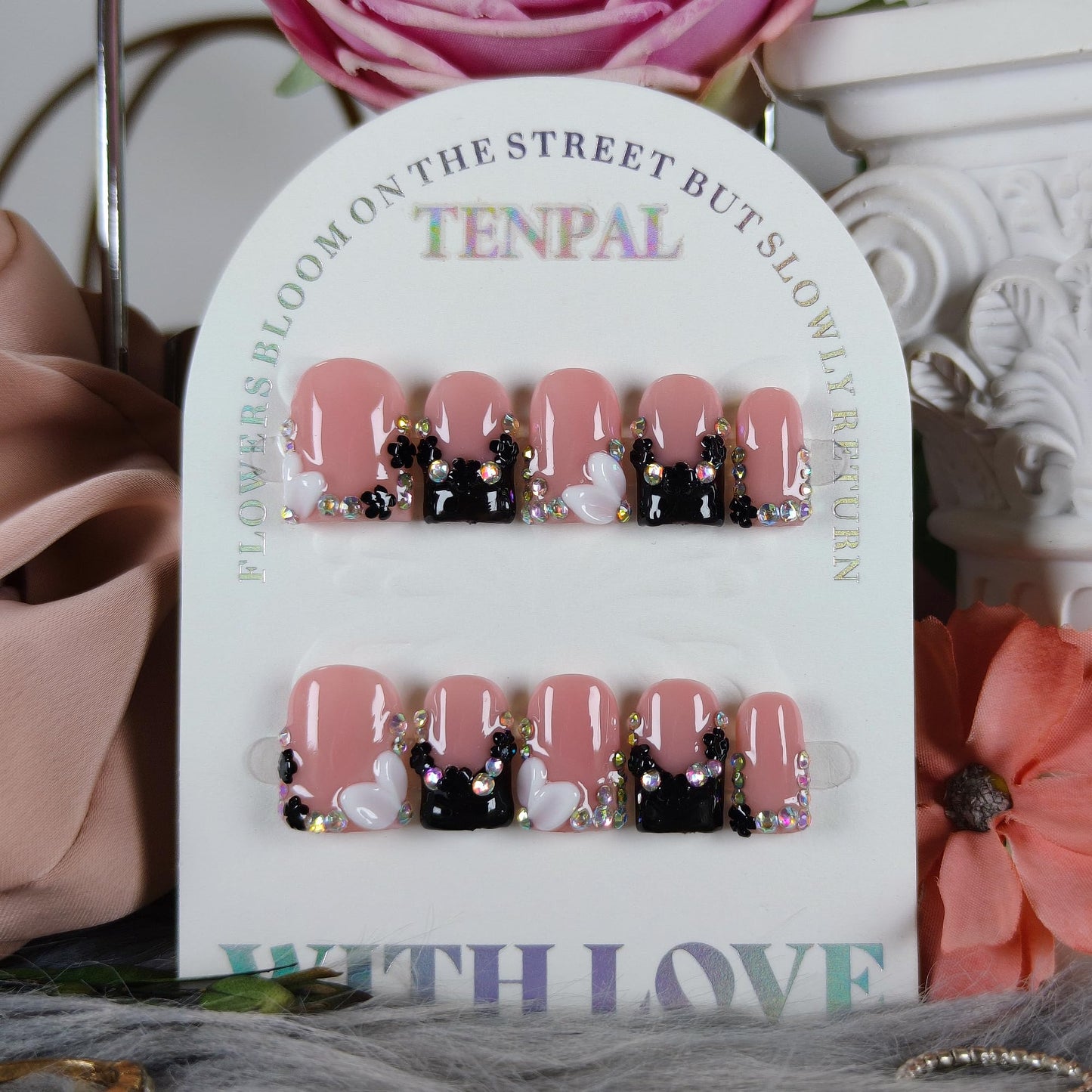 TENPAL Short Squoval Square Press on Nails - Nude Pink French Ombre Black White with Glitter Carving Florals| Icy Glossy Sweet Edge Style False Nails(M)