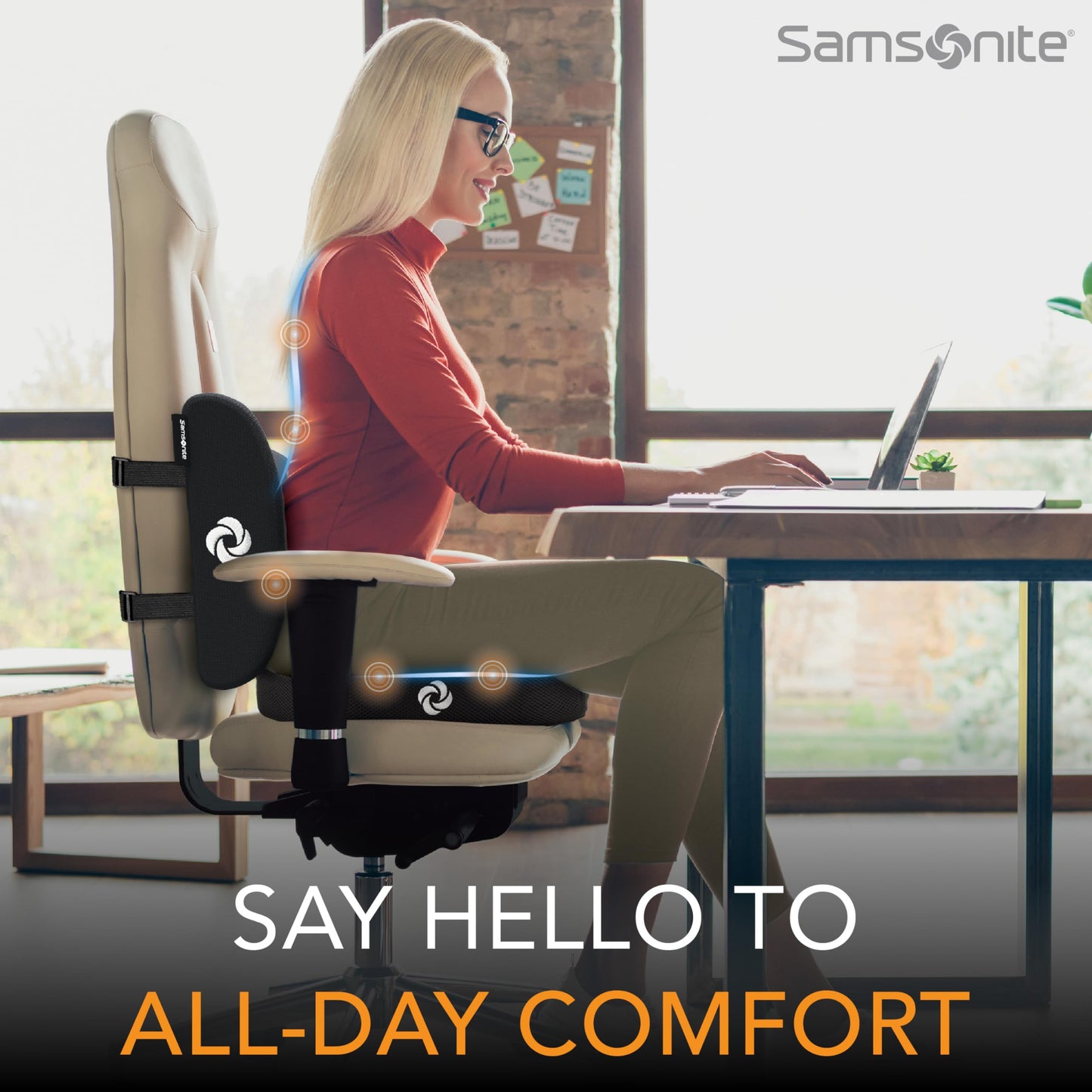 Samsonite Ergonomic Seat Cushion and Lumbar Support Cushion Combo, Memory Foam Office Chair for Back Support, Car Seat and Wheelchair Ergonomic Pillow, Premium Home and Office Desk Accessories