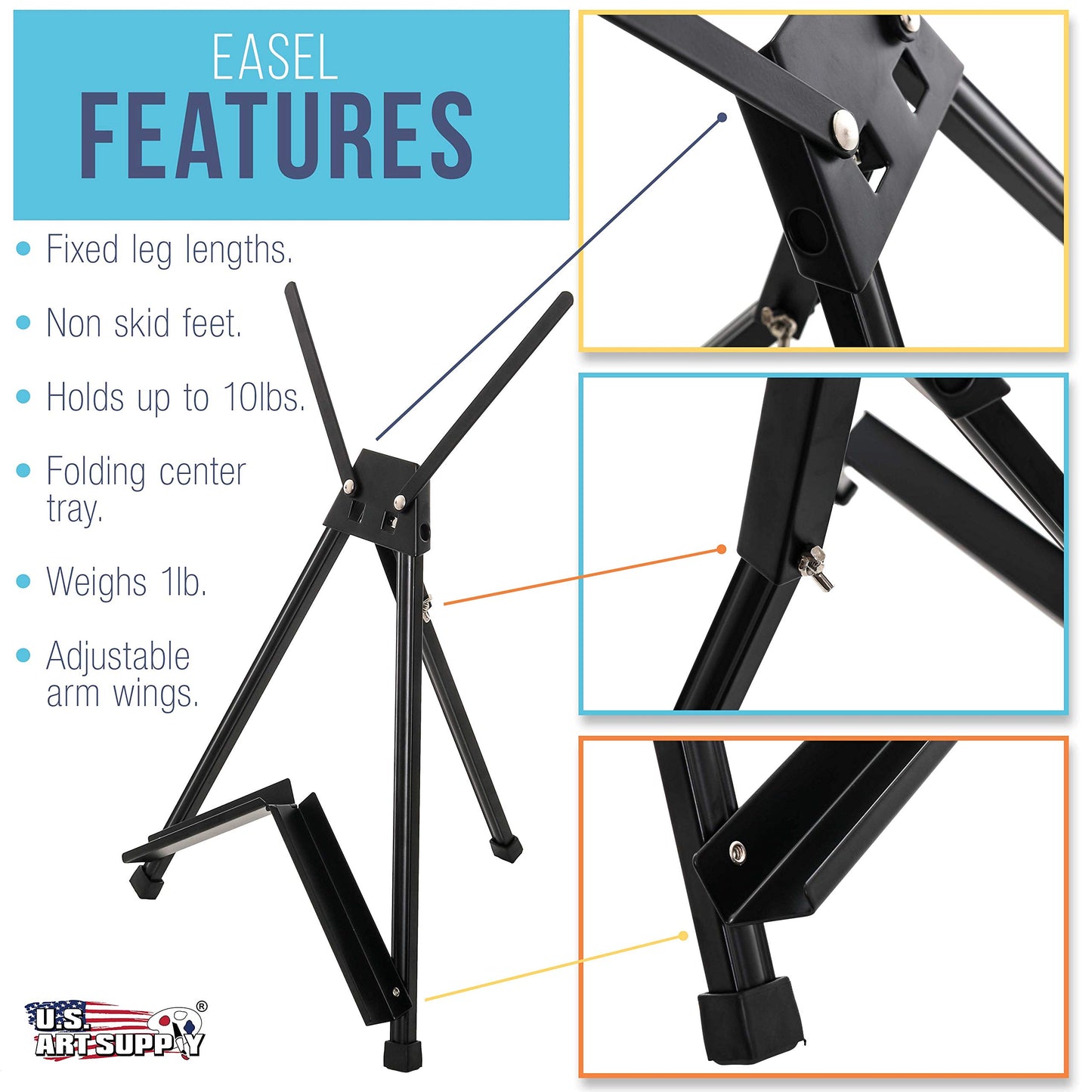 U.S. Art Supply Tabletop Easel for Painting - 15" to 21" Adjustable Metal Painting Easel - Portable Art Easels (Pack of 3) for Display Table Stand - Canvas, Whiteboards, Posters, Signs, Drawings